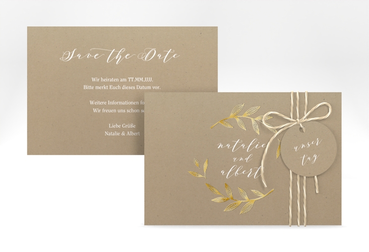 Save the Date-Karte Naturelove A6 Karte quer weiss gold in Kraftpapier-Optik mit Blattzeichnung
