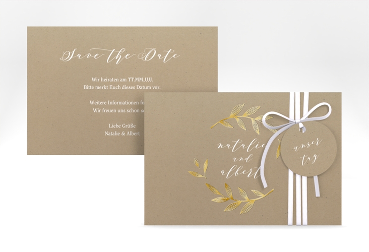 Save the Date-Karte Naturelove A6 Karte quer weiss gold in Kraftpapier-Optik mit Blattzeichnung