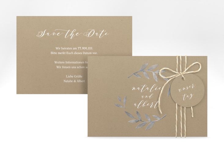 Save the Date-Karte Naturelove A6 Karte quer weiss silber in Kraftpapier-Optik mit Blattzeichnung