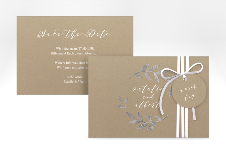 Save the Date-Karte Naturelove A6 Karte quer weiss silber in Kraftpapier-Optik mit Blattzeichnung
