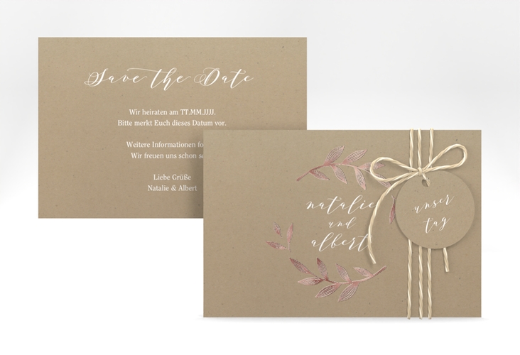 Save the Date-Karte Naturelove A6 Karte quer weiss rosegold in Kraftpapier-Optik mit Blattzeichnung