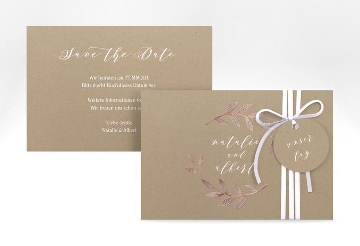 Save the Date-Karte Naturelove A6 Karte quer weiss rosegold in Kraftpapier-Optik mit Blattzeichnung