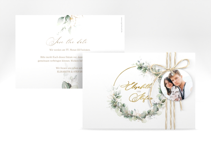 Save the Date-Karte Selvatica A6 Karte quer weiss gold mit Eukalyptus-Kranz