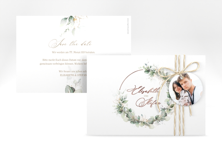 Save the Date-Karte Selvatica A6 Karte quer weiss rosegold mit Eukalyptus-Kranz
