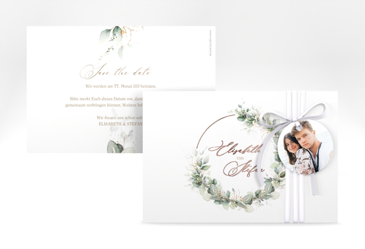 Save the Date-Karte Selvatica A6 Karte quer weiss rosegold mit Eukalyptus-Kranz