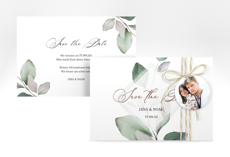 Save the Date-Karte Foglia A6 Karte quer weiss rosegold edel mit Eukalyptus im Aquarell-Design