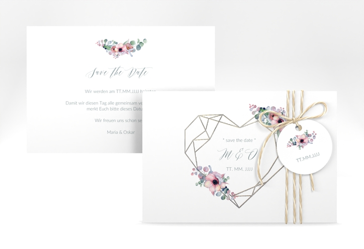 Save the Date-Karte Herzgold A6 Karte quer weiss silber
