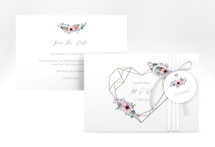 Save the Date-Karte Herzgold A6 Karte quer weiss silber