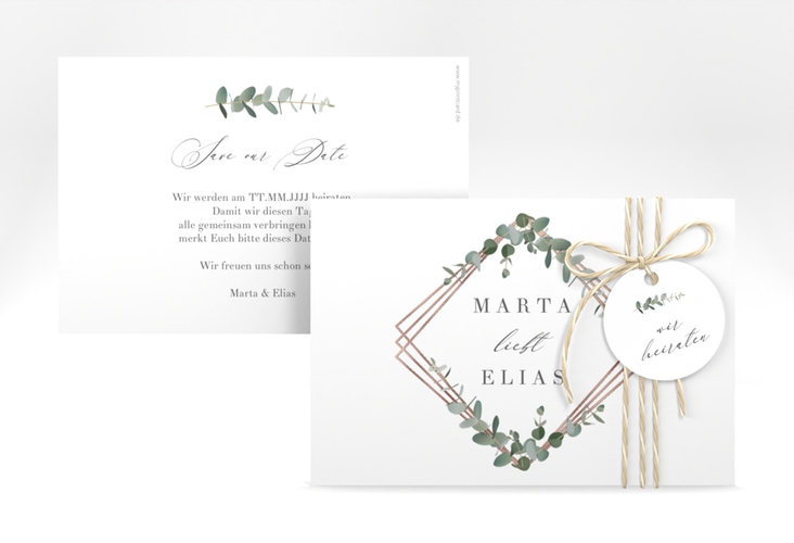 Save the Date-Karte Eukalyptus A6 Karte quer weiss rosegold