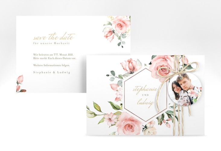 Save the Date-Karte Graceful A6 Karte quer weiss rosegold mit Rosenblüten in Rosa und Weiß