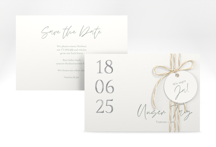 Save the Date-Karte Day A6 Karte quer weiss silber mit Datum im minimalistischen Design
