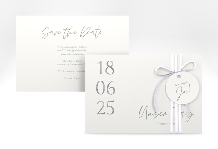 Save the Date-Karte Day A6 Karte quer weiss silber mit Datum im minimalistischen Design
