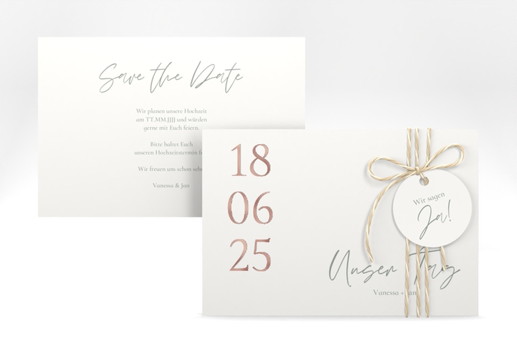 Save the Date-Karte Day A6 Karte quer weiss rosegold mit Datum im minimalistischen Design