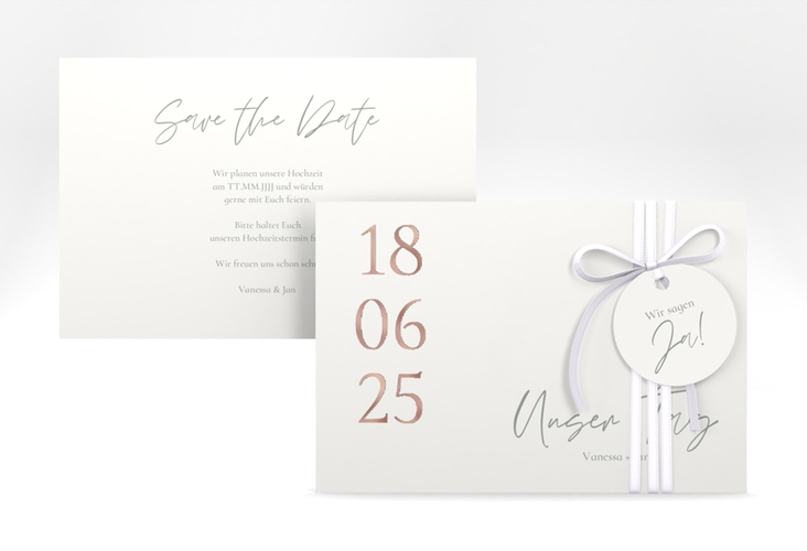 Save the Date-Karte Day A6 Karte quer weiss rosegold mit Datum im minimalistischen Design