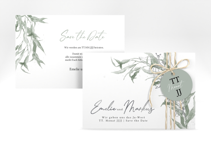 Save the Date-Karte Eucalyptus Green A6 Karte quer weiss silber