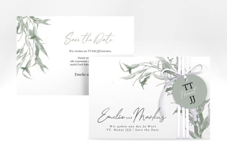 Save the Date-Karte Eucalyptus Green A6 Karte quer weiss silber