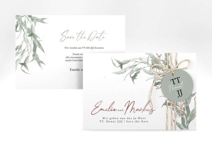 Save the Date-Karte Eucalyptus Green A6 Karte quer weiss rosegold