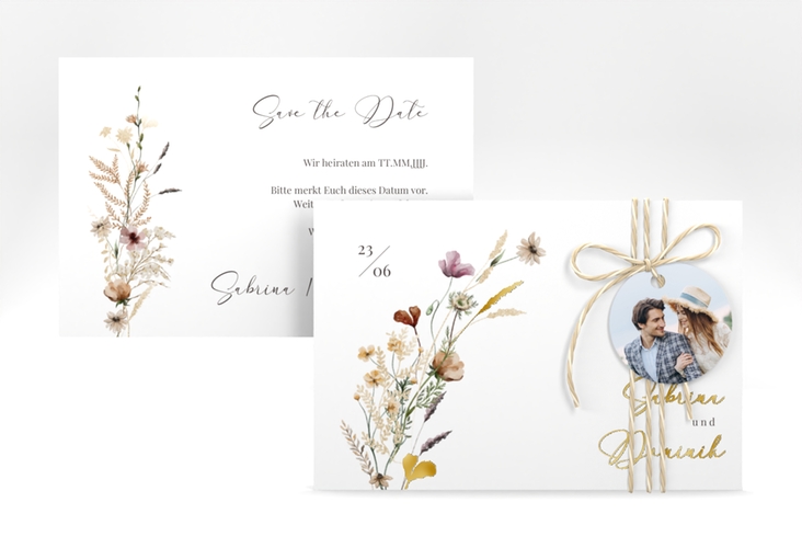 Save the Date-Karte Sauvages A6 Karte quer weiss gold mit getrockneten Wiesenblumen
