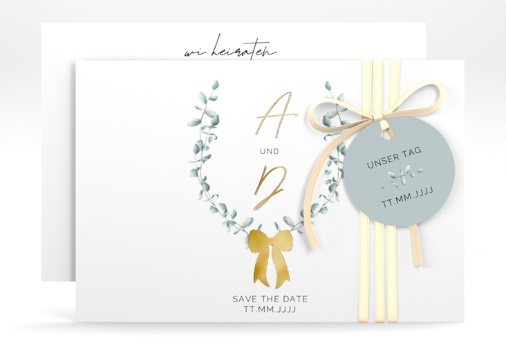 Save the Date-Karte Eucalypt Bow A6 Karte quer gruen gold