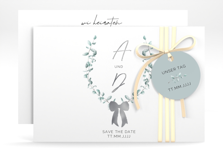 Save the Date-Karte Eucalypt Bow A6 Karte quer gruen silber
