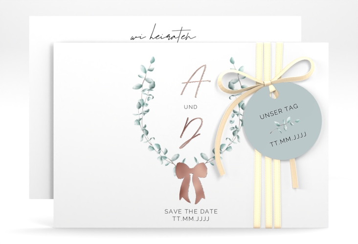 Save the Date-Karte Eucalypt Bow A6 Karte quer gruen rosegold