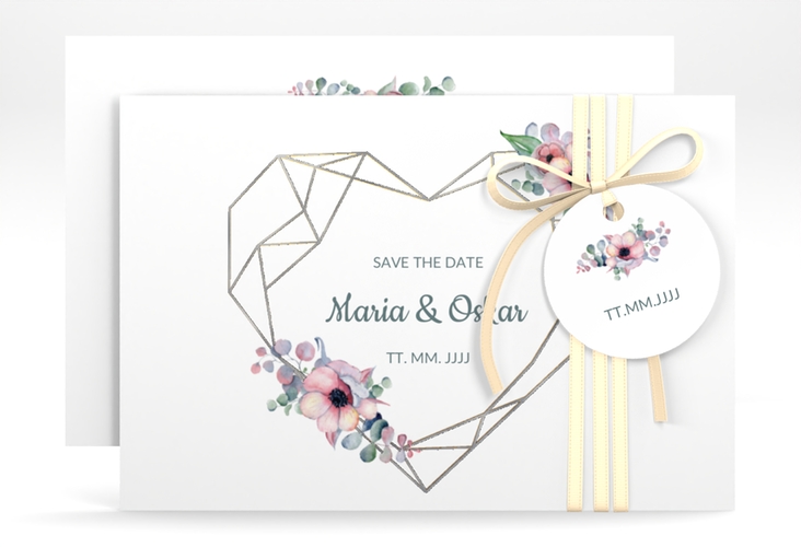 Save the Date-Karte Herzgold A6 Karte quer weiss silber