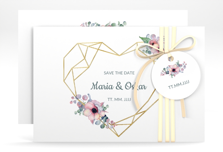 Save the Date-Karte Herzgold A6 Karte quer weiss gold