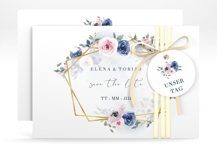 Save the Date-Karte Dustyblue A6 Karte quer weiss gold
