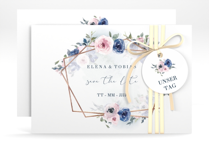 Save the Date-Karte Dustyblue A6 Karte quer weiss rosegold