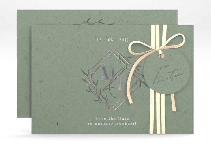 Save the Date-Karte Greenletter A6 Karte quer gruen silber mit Initialen in elegantem Goldrahmen mit Blättern