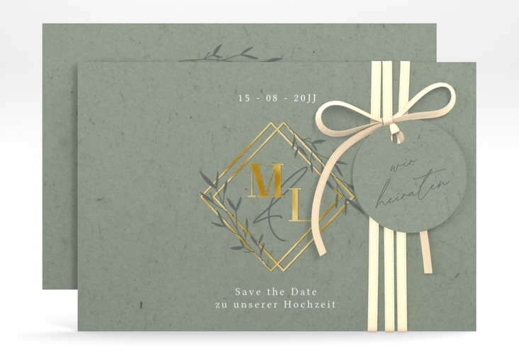 Save the Date-Karte Greenletter A6 Karte quer gruen gold mit Initialen in elegantem Goldrahmen mit Blättern