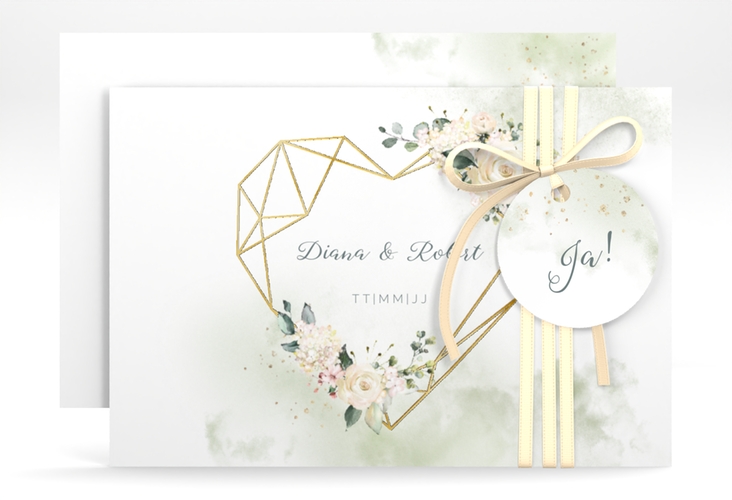 Save the Date-Karte Adore A6 Karte quer gruen gold mit geometrischem Herz und Rosen in Aquarell