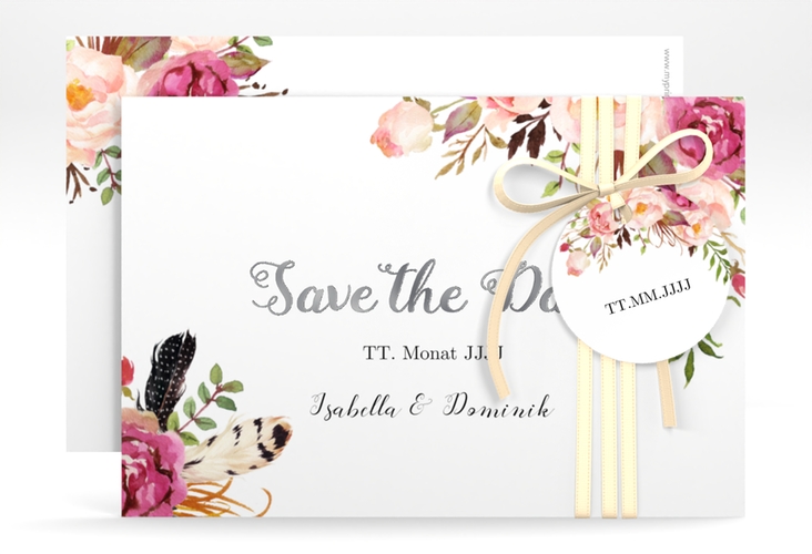 Save the Date-Karte Flowers A6 Karte quer weiss silber mit bunten Aquarell-Blumen