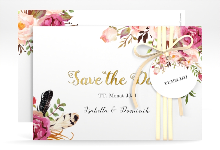 Save the Date-Karte Flowers A6 Karte quer weiss gold mit bunten Aquarell-Blumen