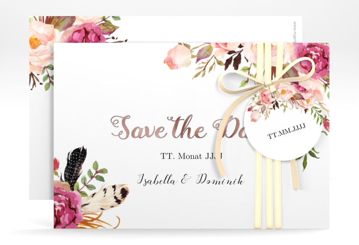 Save the Date-Karte Flowers A6 Karte quer weiss rosegold mit bunten Aquarell-Blumen