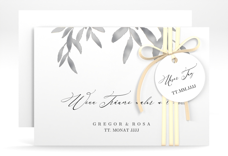 Save the Date-Karte Demure A6 Karte quer weiss silber