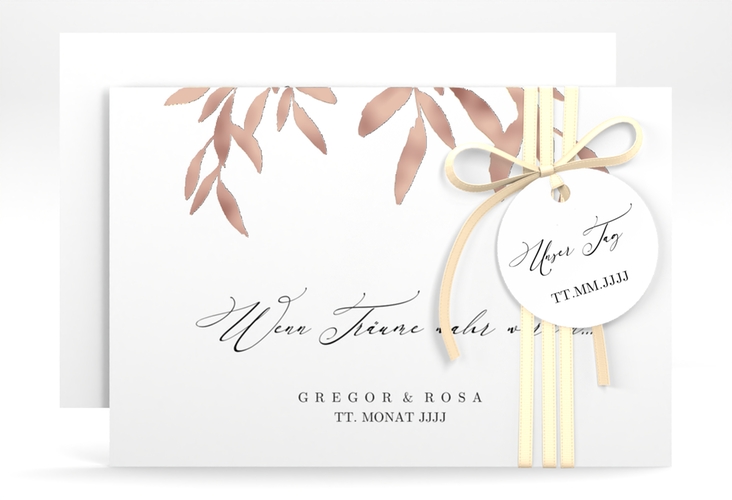 Save the Date-Karte Demure A6 Karte quer weiss rosegold