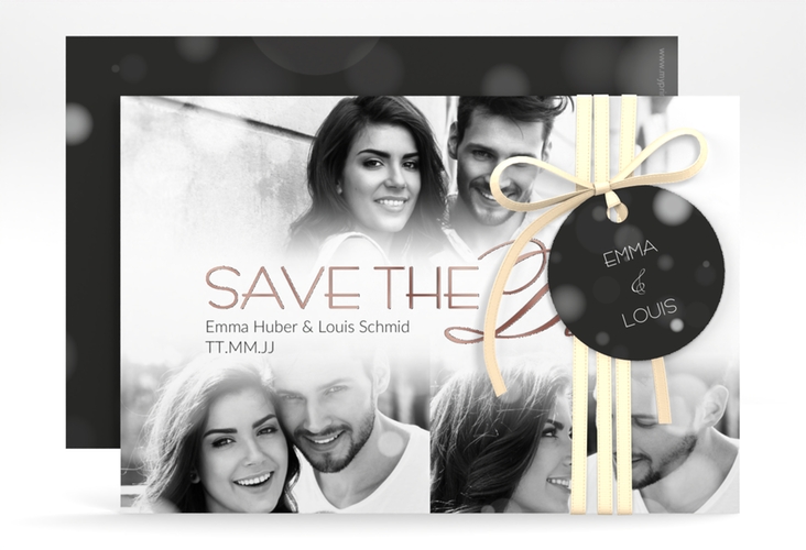 Save the Date-Karte Bokeh A6 Karte quer weiss rosegold