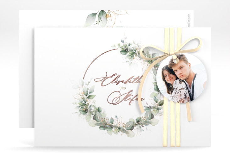 Save the Date-Karte Selvatica A6 Karte quer weiss rosegold mit Eukalyptus-Kranz
