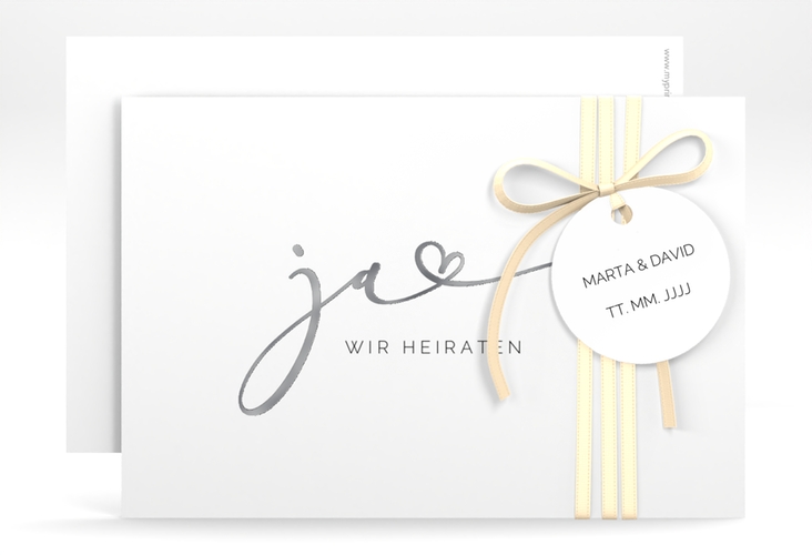 Save the Date-Karte Jawort A6 Karte quer weiss silber modern minimalistisch mit veredelter Aufschrift