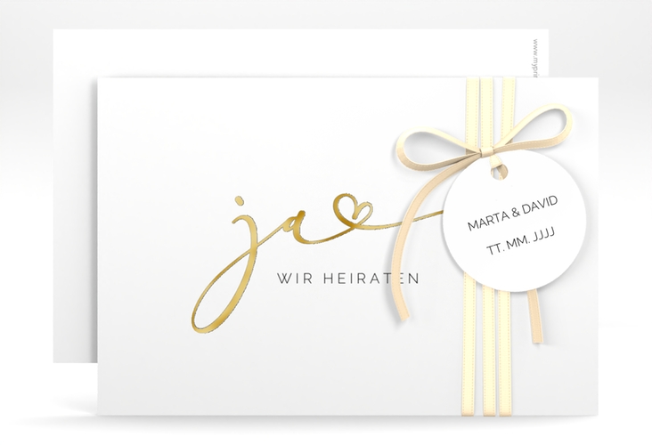 Save the Date-Karte Jawort A6 Karte quer weiss gold modern minimalistisch mit veredelter Aufschrift