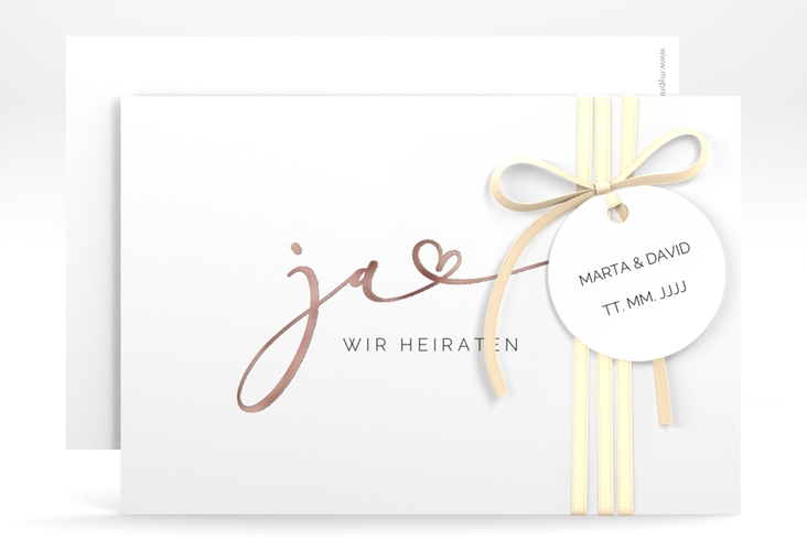 Save the Date-Karte Jawort A6 Karte quer weiss rosegold modern minimalistisch mit veredelter Aufschrift