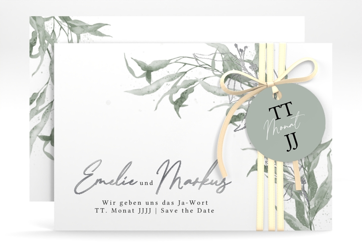 Save the Date-Karte Eucalyptus Green A6 Karte quer weiss silber