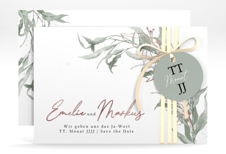 Save the Date-Karte Eucalyptus Green A6 Karte quer weiss rosegold
