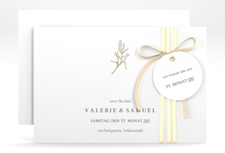 Save the Date-Karte Ivy A6 Karte quer weiss gold minimalistisch mit kleiner botanischer Illustration