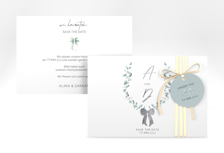 Save the Date-Karte Eucalypt Bow A6 Karte quer gruen silber