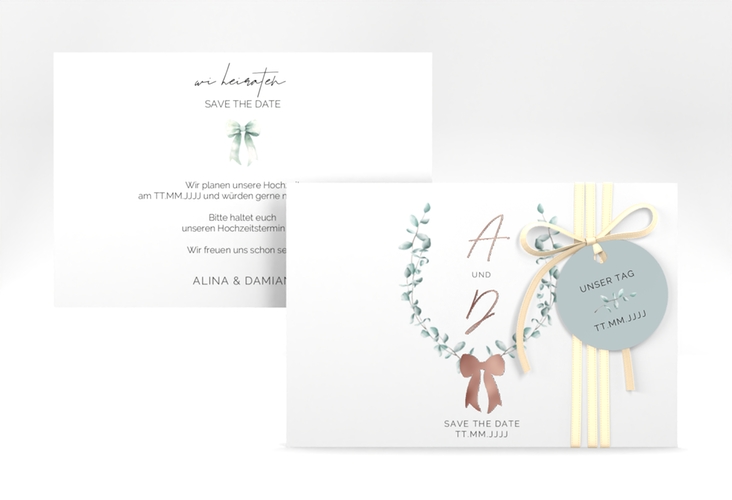 Save the Date-Karte Eucalypt Bow A6 Karte quer gruen rosegold