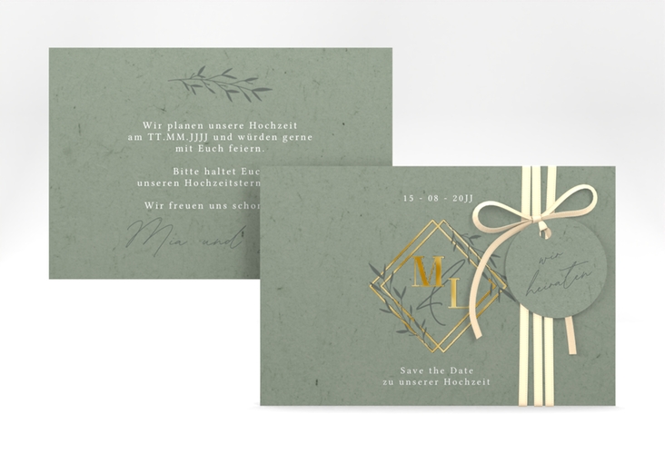 Save the Date-Karte Greenletter A6 Karte quer gruen gold mit Initialen in elegantem Goldrahmen mit Blättern