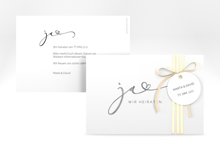 Save the Date-Karte Jawort A6 Karte quer weiss silber modern minimalistisch mit veredelter Aufschrift