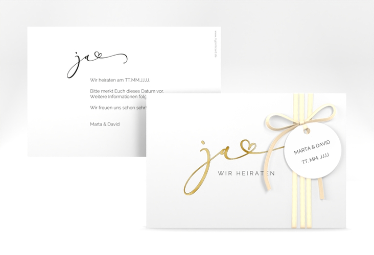 Save the Date-Karte Jawort A6 Karte quer weiss gold modern minimalistisch mit veredelter Aufschrift